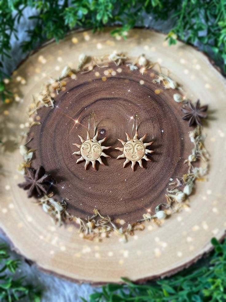 the sun and stars earrings are on top of a piece of wood, surrounded by greenery