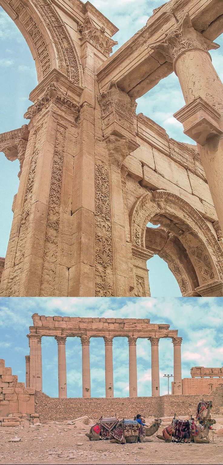 two pictures of an ancient building with columns