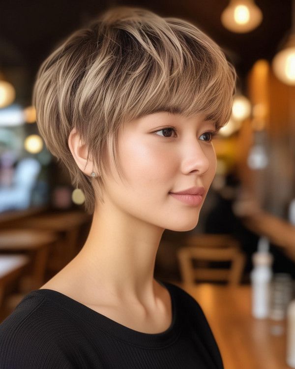 35 Youthful Short Haircuts : Mushroom Bixie Haircut with Fringe Short Haircut Pixie, Asian Pixie Cut, Haircut With Fringe, Hair Back View, Bixie Haircut, Haircut Pixie, Hairstyles For Seniors, Layered Pixie, Trendy Bob Hairstyles