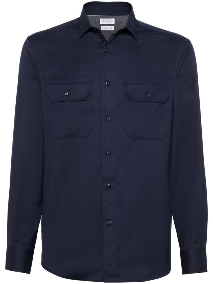 classic button-up shirt from BRUNELLO CUCINELLI featuring navy blue, classic collar, front button fastening, long sleeves, curved hem and cotton. Mens Button Up, Navy Shirt, Button Shirt, Brunello Cucinelli, Denim Shirt, Linen Shirt, Button Up Shirts, Colorful Shirts, Fashion Branding