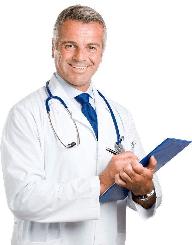 a man in a white lab coat holding a clipboard and smiling at the camera