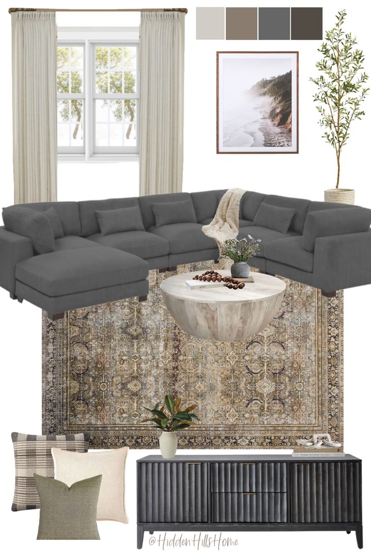 Living room mood board with sectional sofa Dark Grey Sofa Living Room, Couch Grau, Gray Sectional Living Room, Dark Grey Couch Living Room, Grey And Brown Living Room, Dark Grey Couches, Tan Living Room, Grey Sofa Living Room, Grey Couch Living Room