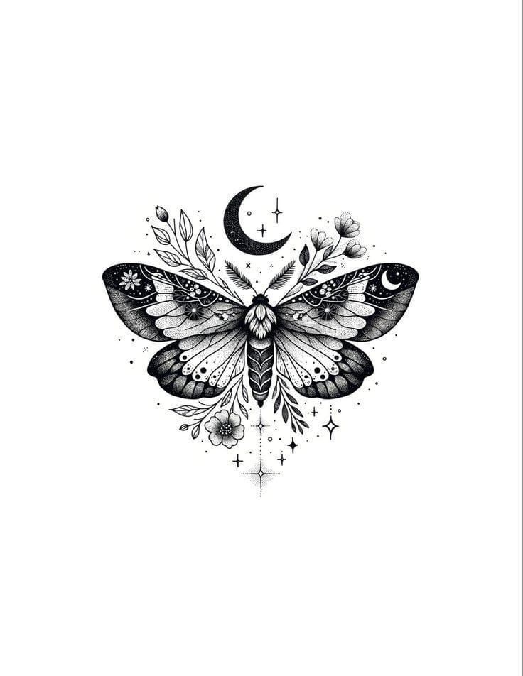 Symmetrical Moth Tattoo, Liner Moth Tattoo, Butterfly Celestial Tattoo, Night Moth Tattoo, Beautiful Moth Tattoo, Moons And Stars Tattoos, Whimsical Moth Tattoo, Blue Moth Tattoo, Celestial Art Tattoo