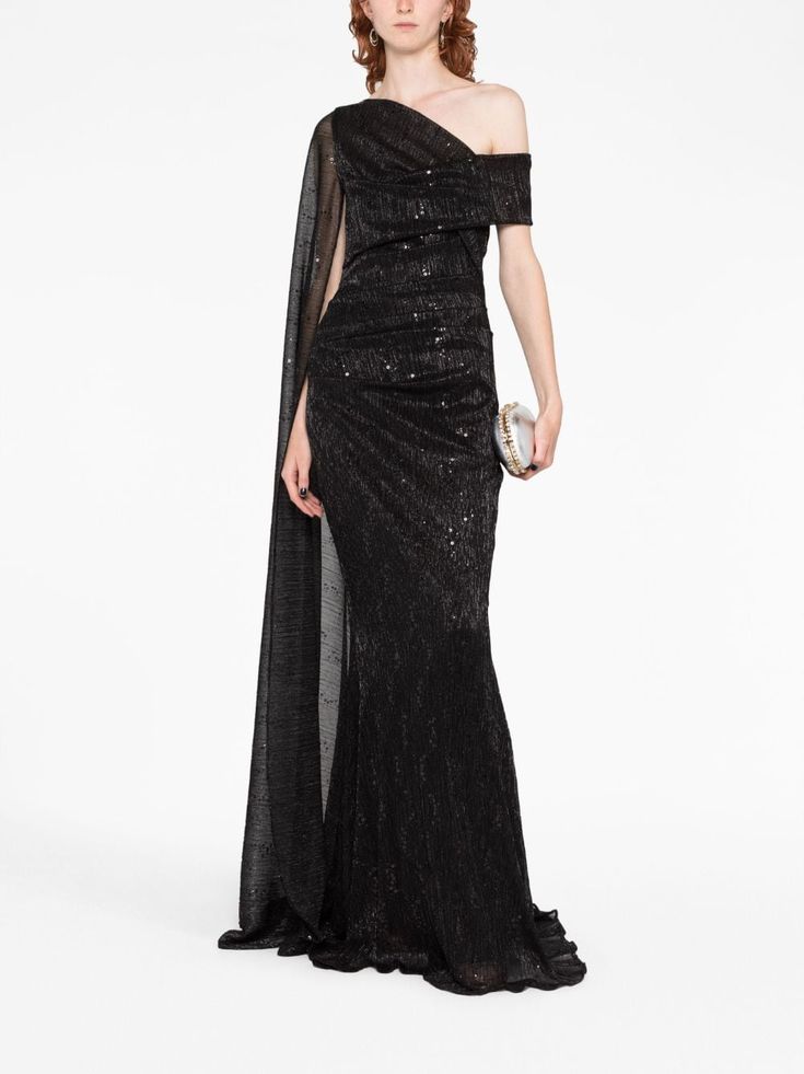 Find TALBOT RUNHOF Draped One-shoulder Gown on Editorialist. black asymmetric design draped design off-shoulder fitted waistline puddle hem Talbot Runhof, Gown Black, One Shoulder Gown, Designer Drapes, Asymmetrical Design, Evening Wear, Off Shoulder, Top Brands, Cape