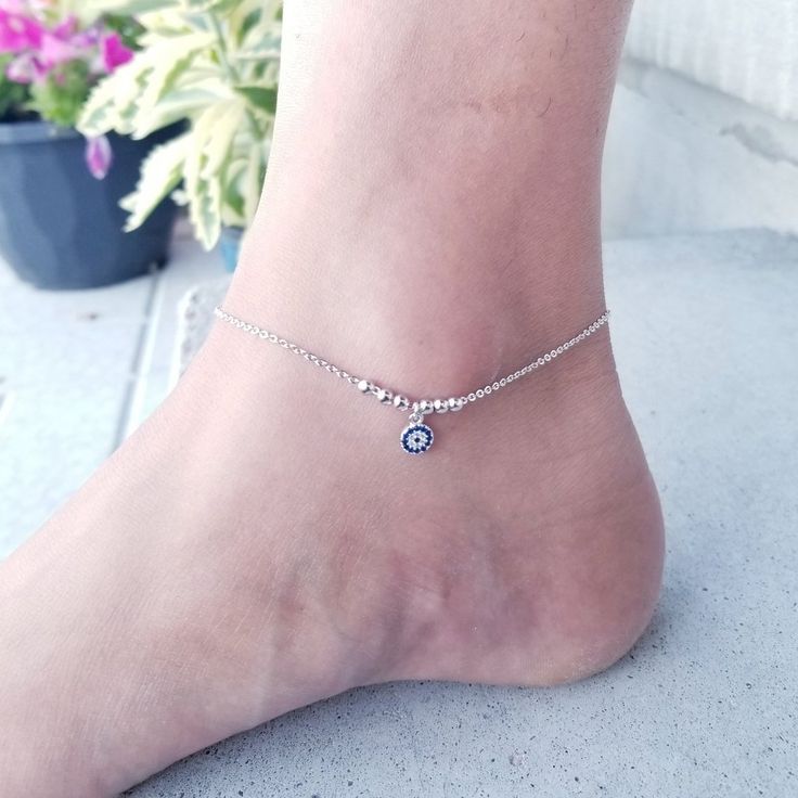 Sterling Silver Evil Eye CZ Anklet .Minimalist and Dainty Beaded Evil Eye Anklet Bracelet. Comes in Silver or Gold Plated on Sterling Silver. Chain Length: 9 inch + 1.5 inch extension. Canada Beach, Elephant Anklet, Black Anklet, Initial Anklet, Infinity Anklet, Silver Anklets Designs, Rose Gold Anklet, Star Anklet, Anklet Gold