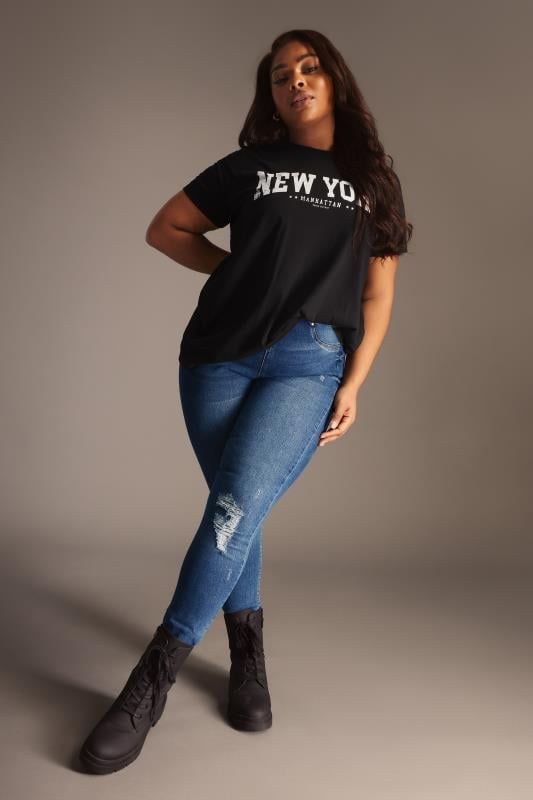 Shop YOURS FOR GOOD Curve Indigo Blue Ripped Knee Stretch JENNY Jeggings at Yours Clothing. Discover women’s plus size clothing in sizes 10-36 with fast delivery. Plus Size Ripped Jeans, Animal Print Dress Casual, Knee Stretches, Ripped Mom Jeans, Curve Fashion, Shop Jeans, Hacks Clothes, Denim Collection, Fashion Hacks Clothes