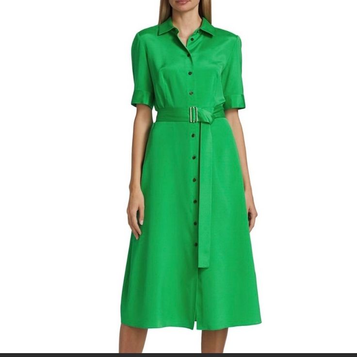 New, Never Worn Formal Short Sleeve Belted Dress For Spring, Elegant Green Belted Dress For Work, Elegant Green Shirt Dress For Formal Occasions, Elegant Green Formal Shirt Dress, Silk Button-up Semi-formal Dress, Collared Silk Dresses For Spring, Spring Office Silk Midi Dress, Silk Summer Office Dress, Semi-formal Silk Button-up Dress