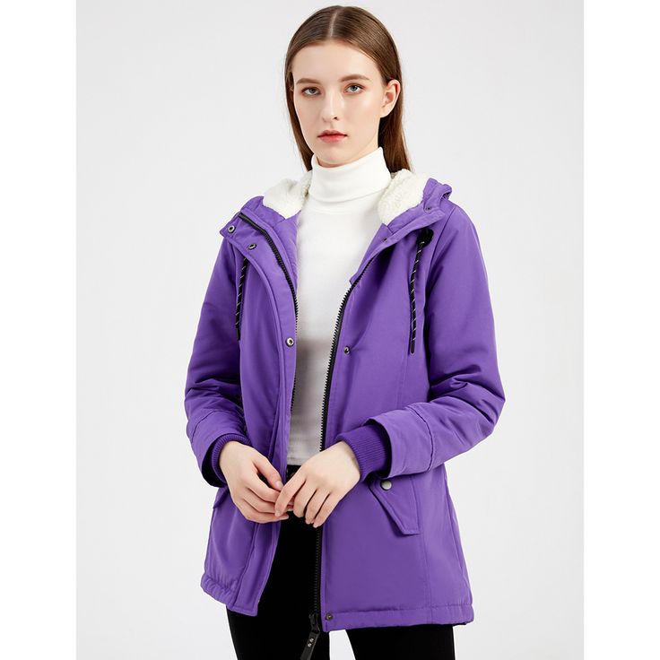 Purple Plush Warm Hooded Parka Coat Purple Hooded Cotton Outerwear, Hooded Purple Cotton Outerwear, Hooded Purple Outerwear For Fall, Purple Hooded Outerwear For Fall, Purple Cotton Outerwear With Drawstring Hood, Winter Purple Hoodie With Double-lined Hood, Purple Fall Outerwear With Drawstring Hood, Purple Outerwear With Drawstring Hood For Fall, Hooded Solid Color Parka With Fleece Lining