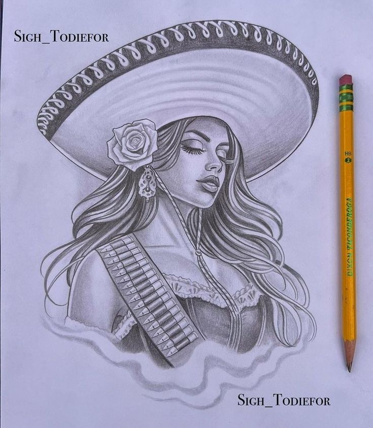 a drawing of a woman wearing a sombrero and holding a guitar in her hand