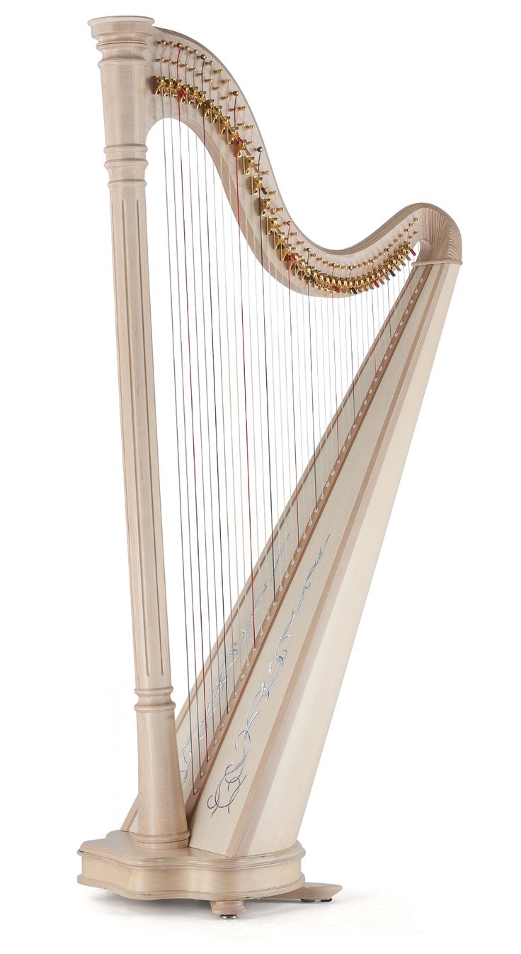 a large white harp sitting on top of a wooden stand with writing on the strings