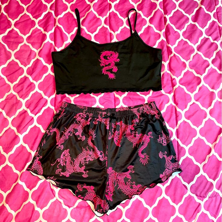 Nwot Pink Dragon Pajama Set Super Soft And Fresh Material Really Cute Colors Mark As Size Xl But Fits More Like A L Offers Always Welcome Black Summer Sets For Sleepover, Black Summer Sleepover Sets, Black Sleeveless Set For Pajama Party, Sleeveless Black Pajama Party Set, Sleeveless Black Set For Pajama Party, Black Tops For Summer Sleepover, Halloween Pajama Pants, Pink Pajama Pants, Christmas Pajama Pants