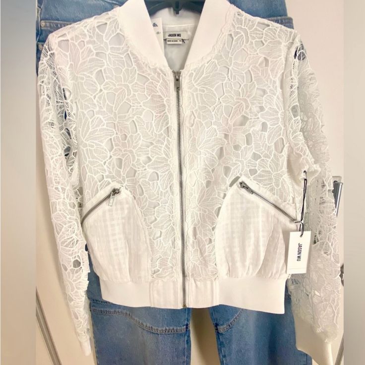 Beautiful And Stylish Jason Wu Bomber Jacket Perfect For Warm Weather. The Lace Pattern Is Gorgeous. Size Xs But Fits Me I’m A S Or M. Retails For $325 Coat White, Jason Wu, Light Summer, Lace Pattern, Jacket Coat, Warm Weather, Bomber Jacket, Color White, Coats Jackets