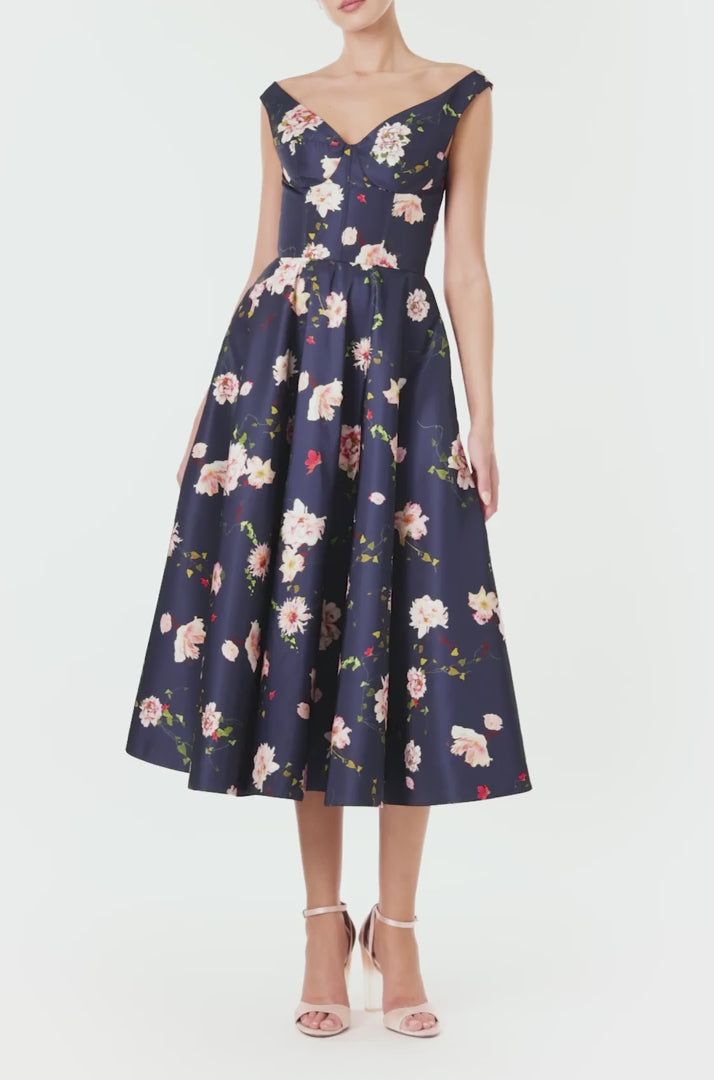 Floral Off the Shoulder Dress – Monique Lhuillier Knee-length Floral Dress For Evening, Evening Floral Print Midi Dress, Silk Midi Dress With Floral Print And Fitted Bodice, Tea-length Floral Print Cocktail Dress, Cocktail Tea-length Floral Print Dress, Elegant Floral Print Tea-length Midi Dress, Elegant Tea Length Floral Midi Dress, Evening Dress With Floral Print And Full Skirt, Spring Midi Dress With Fitted Bodice And A-line Silhouette