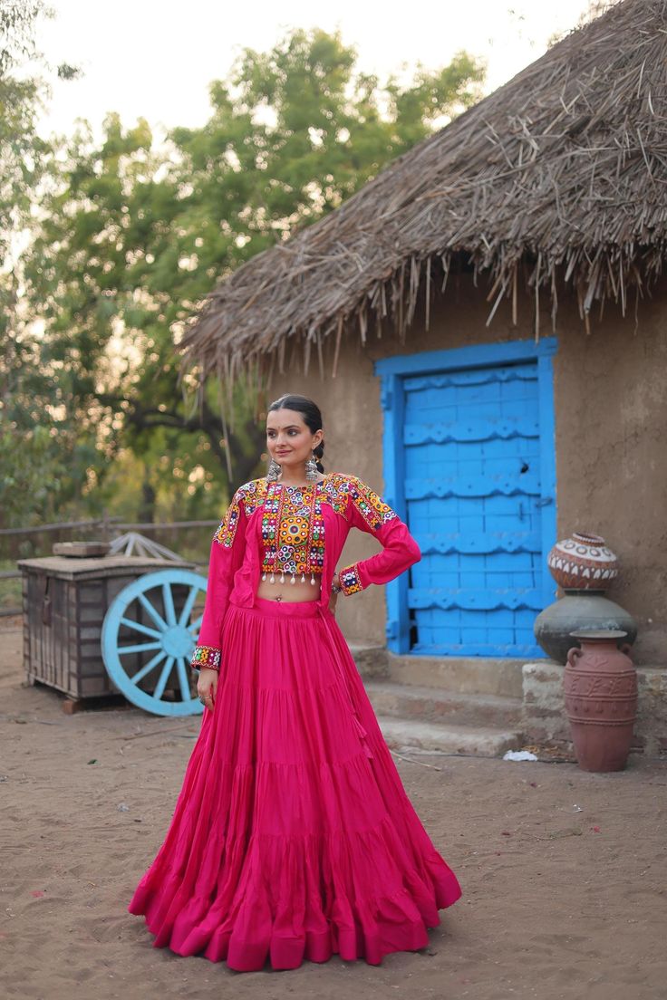 Elegant Pink Garba Lehenga with Thread Work Shrug, Perfect for Dandiya Nights, Gujarati Lehenga Blouse Combo, Lehenga Choli for Navratri, SheGemStudio Size - S(36), M(38), L(40), XL(42), XXL(44) Occasions - Wedding Outfit / Special Navratri Collection PACKAGE CONTAINS - Lehenga + Blouse + Shrug 👚 Blouse Fabric - Rayon Work - Embroidered Traditional Thread work Neck Type - Fancy Round-Neck Blouse Length:- 15" CLOSURE - Backside Hook Attached 👗 Lehenga Fabric - Rayon Length - 41 Inch Waist - 42 Gujarati Lehenga, Lehenga Choli For Navratri, Garba Lehenga, Choli For Navratri, Women's Traditional & Ceremonial Clothing, Lehenga Blouse, Ghagra Choli, Girlie Style, Ethnic Dress