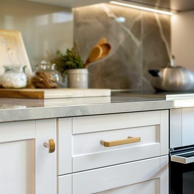 a kitchen with white cabinets and gold pulls on the drawers, an oven door is open