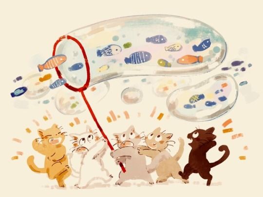 an image of cats looking at fish through a magnifying glass window on a white background