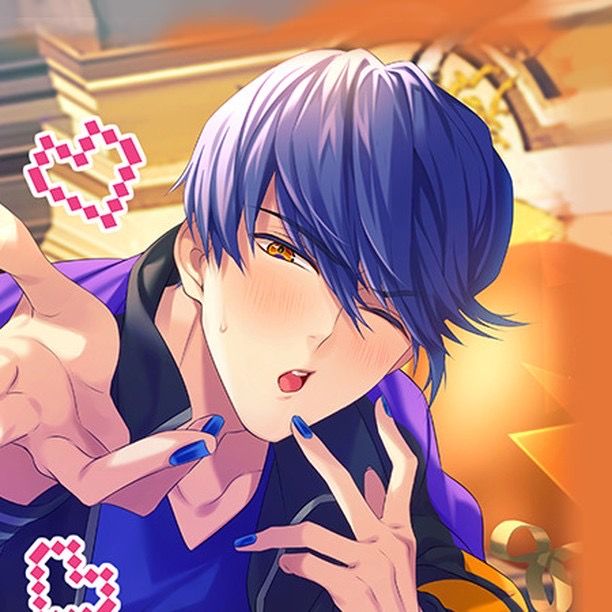 an anime character with purple hair and blue eyes pointing to the side while holding his hand up