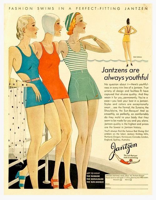 Jantzen Swimsuits (1932) 30s Women, 1930s Makeup, Jantzen Swimwear, Vintage Beachwear, Madeleine Vionnet, Madame Gres, Retro Swimwear, Vintage Bathing Suits, Vintage Swim