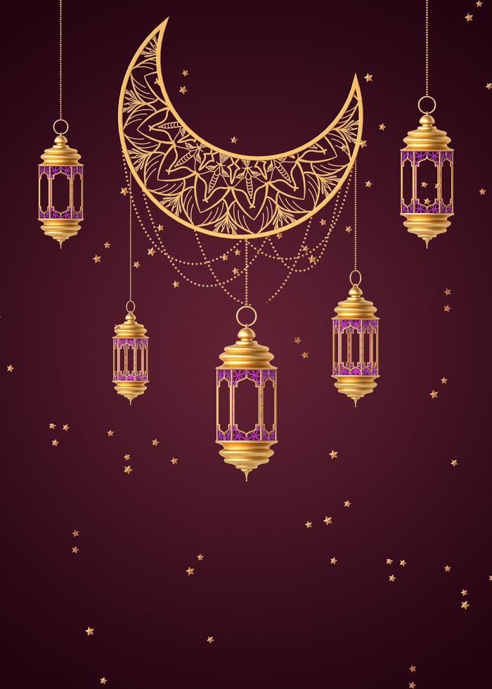 a purple background with gold lanterns and a crescent