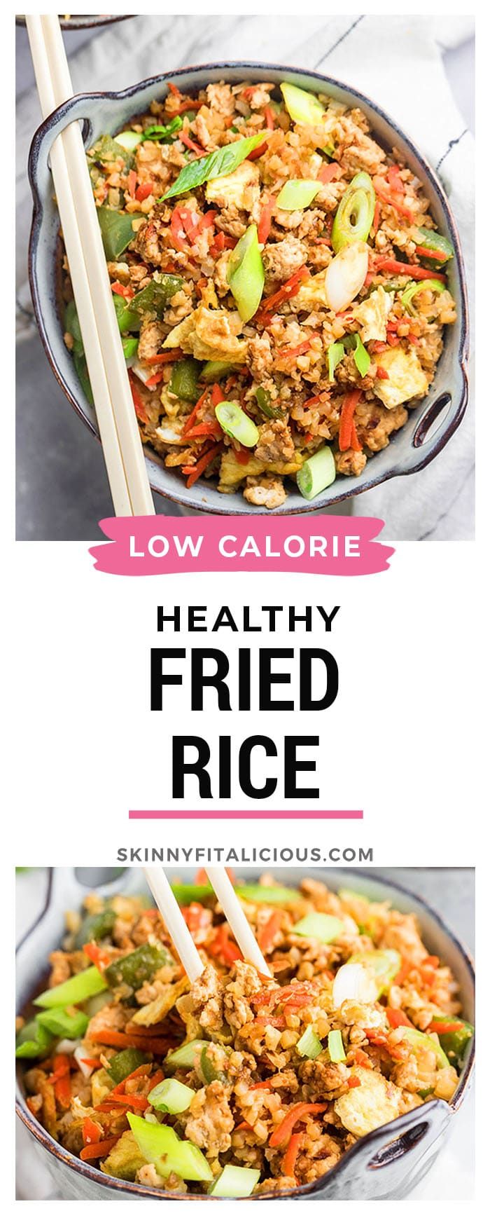 healthy fried rice in a skillet with chopsticks on top and the words low calorie above it