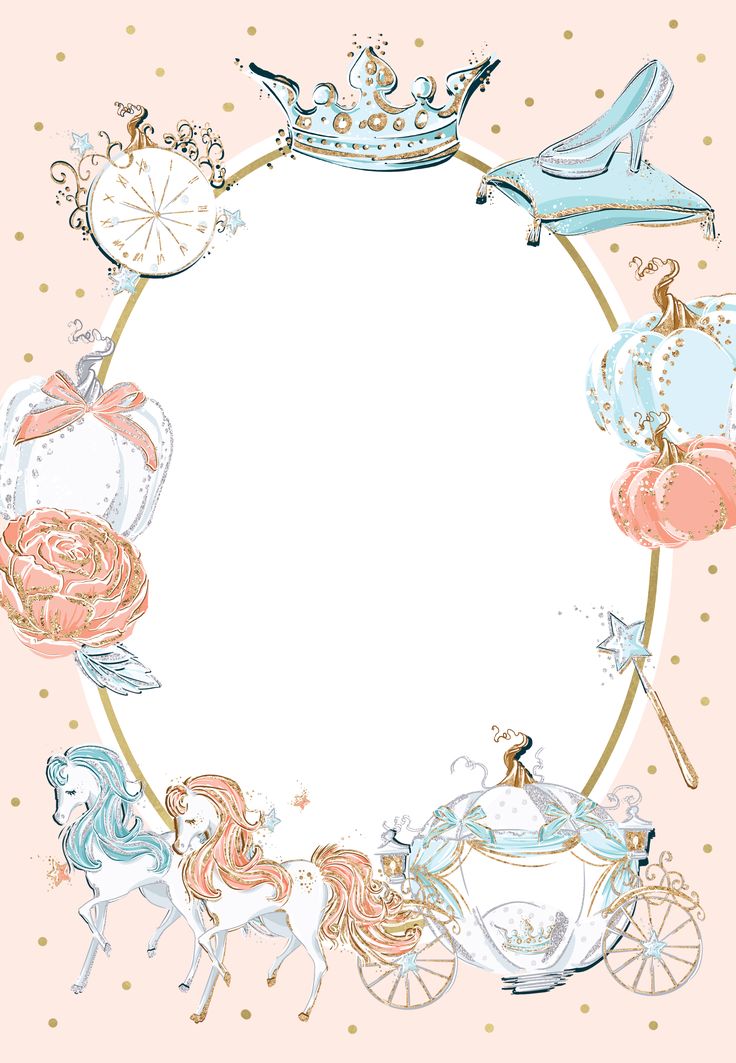 a pink background with an illustration of princesses and horses in the center, surrounded by gold polka dots