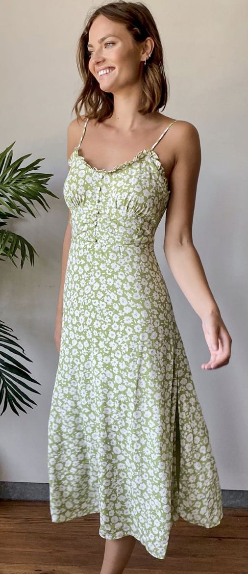 Green A-line Midi Dress With Floral Print, Printed Green Knee-length Mini Dress, Trendy Ditsy Floral Print Spring Dress, Green A-line Floral Dress For Summer, Casual Light Green Midi Dress, Fitted Green Sundress, Chic Green Midi Length Sundress, Chic Green Printed Mini Dress, Chic Green Midi Sundress