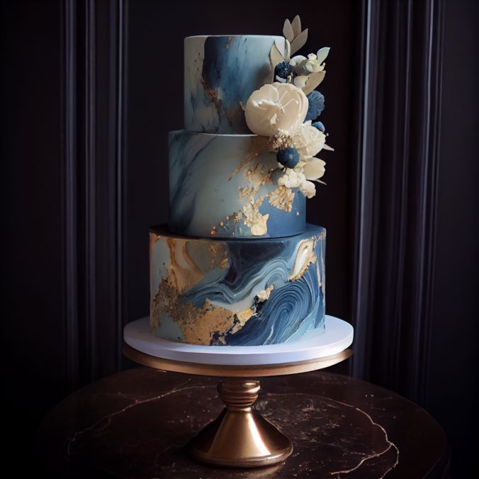 a three tiered blue and gold cake with flowers on the top is sitting on a table