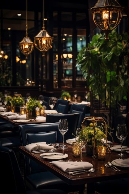 a dining room with tables, chairs and hanging lights in the dark lighting is on