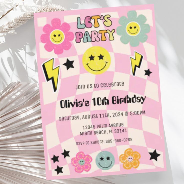 a pink birthday party card with flowers and smiley faces