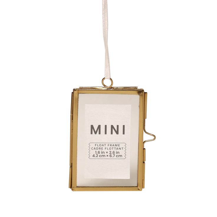 an ornament hanging from a string with the word mini in it's center