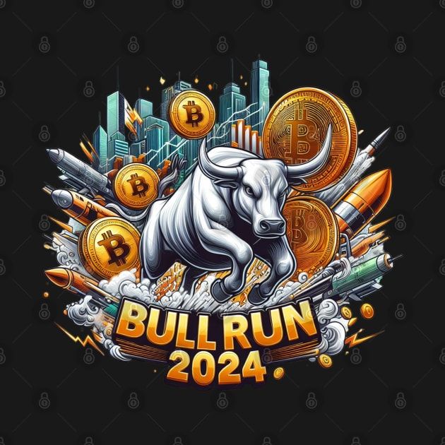 the bull run logo with bitcoins and rockets in the background, on a black background