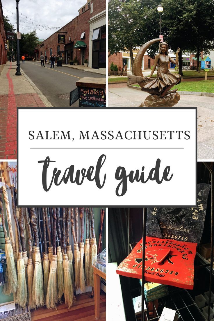 the words salem, massachusetts travel guide are overlaid with images of shops and buildings