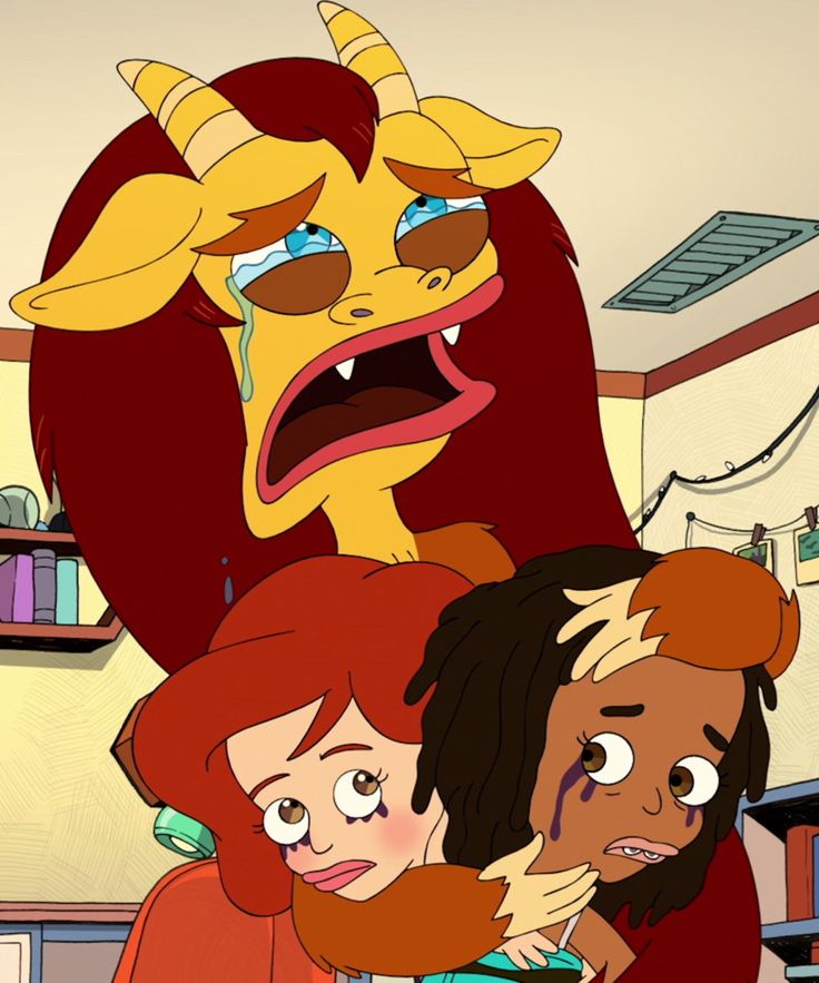 the cartoon characters are being hugged by each other in front of an evil monster and another demon