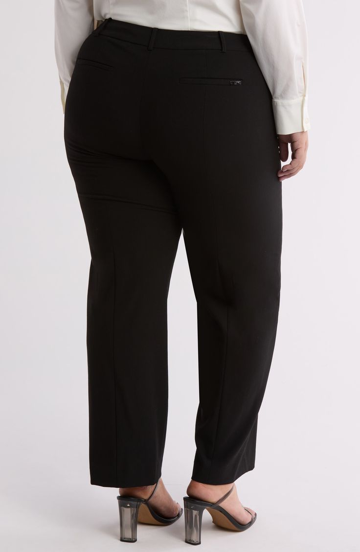 Tapered legs lend a refined apperance to these woven pants that instantly elevate in-office or off-duty looks. 63% polyester, 32% rayon, 5% spandex Dry clean Imported Chic Black Career Bottoms, Calvin Klein Wide Leg Bottoms For Business Casual, Chic Straight Leg Career Bottoms, Chic Career Straight Pants, Chic Straight Career Pants, Tailored Tapered Leg Career Bottoms, Calvin Klein Wide Leg Business Casual Bottoms, Calvin Klein Wide Leg Business Casual Pants, Formal Office Chic Ankle-length Bottoms