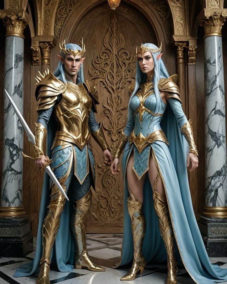 two people dressed in costumes standing next to each other with swords and armor on their hands