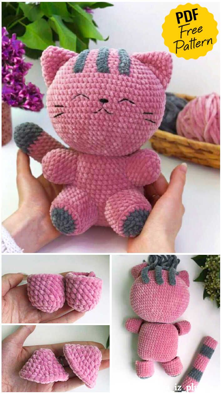 crocheted pink cat with grey ears and tail