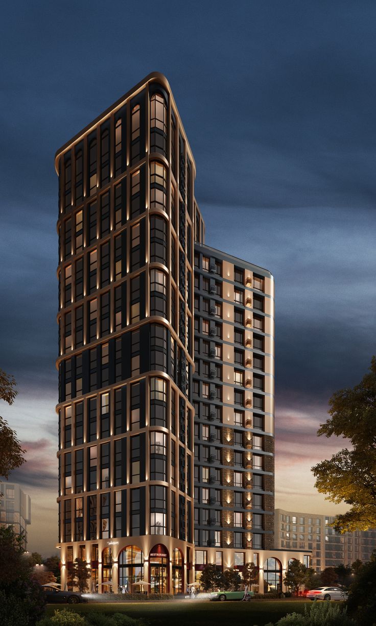 an artist's rendering of a tall building in the evening with lights on it