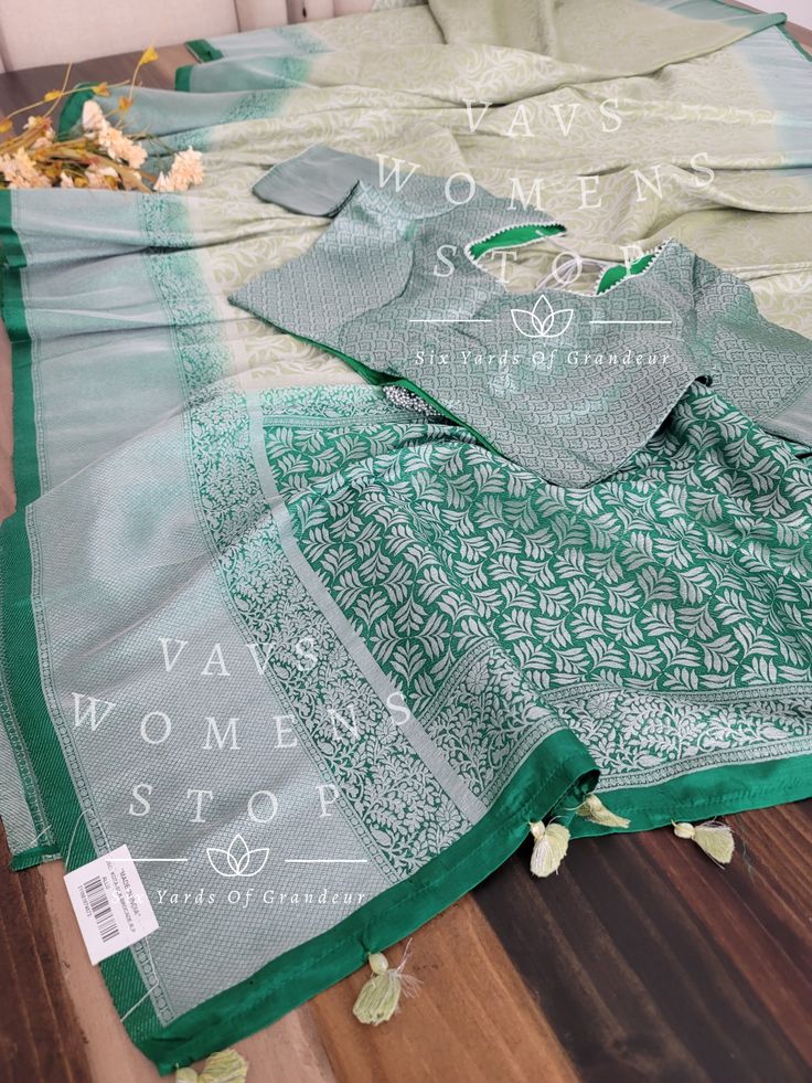 Blouse stitched - YesBlouse Opening - FrontSleeves Length - ElbowPadded - NoBlouse size - 40 with inner margins expandable upto 46for blouse size 38 alteration can be done on request. Unstitched Self Design Saree, Green Banarasi Silk Blouse For Navratri, Festive Green Banarasi Silk Blouse, Diwali Green Banarasi Silk Blouse, Elegant Long Sleeve Choli For Transitional Season, Elegant Blouse With Unique Pattern And Long Sleeves, Elegant Long Sleeve Blouse Piece For Diwali, Green Long Sleeve Blouse For Wedding, Green Long Sleeve Wedding Blouse