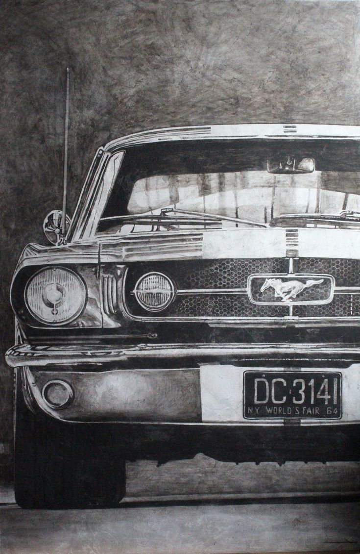 an old mustang car is shown in this black and white photo