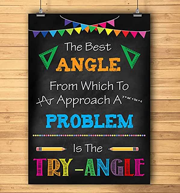 the best angle from which to approach a problem is the try - angle chalkboard poster