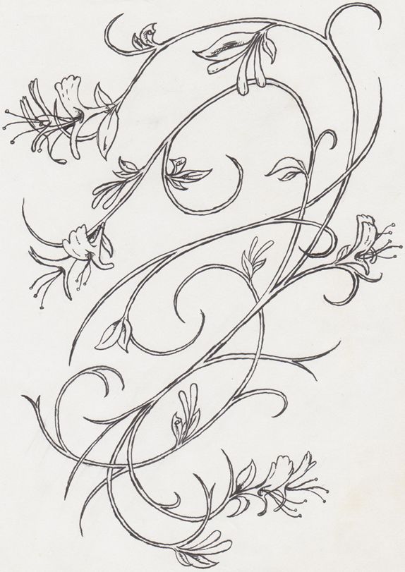 the letter e is made up of vines and flowers, with leaves on each side