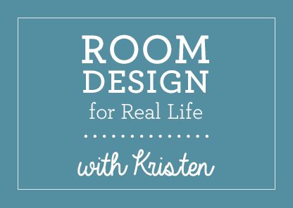 the words room design for real life with kristen in white on a blue background