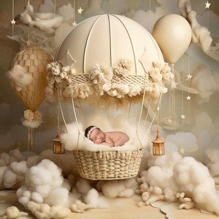 a baby is sleeping in a hot air balloon surrounded by clouds and balloons with stars