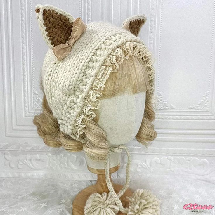 Qteee - Charming Feline-Inspired Lace Lolita Hat for Cozy Comfort Cream Cotton Winter Hats, Casual Cream Knitted Bonnet, Cute White Fitted Bonnet, Cute Fitted White Bonnet, White Adjustable Knit Hat, Casual Cream Bonnet, Cream Colored One Size Bonnet Cap, Cream Bonnet Cap One Size, Beige One Size Casual Bonnet