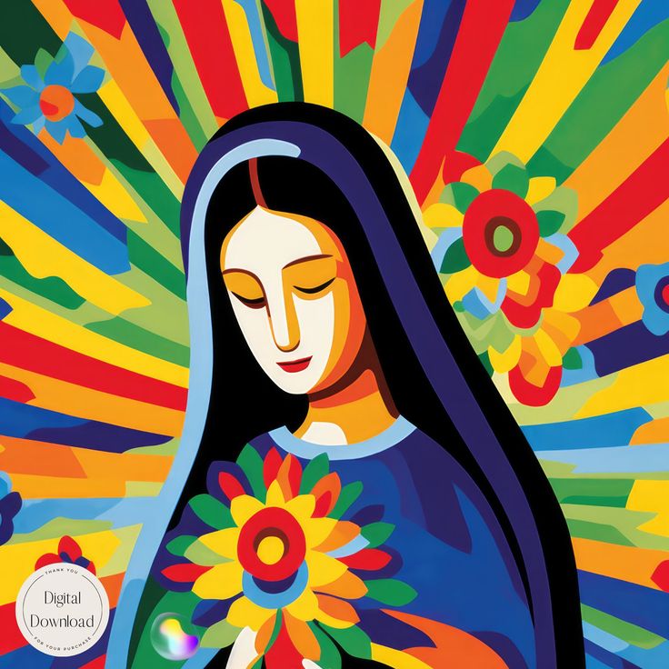 an image of the virgin mary with flowers in her hands and sunbursts around her