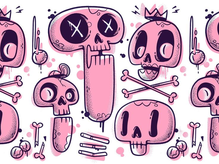 a bunch of pink skulls with crowns on their heads and bones in the middle, all grouped together