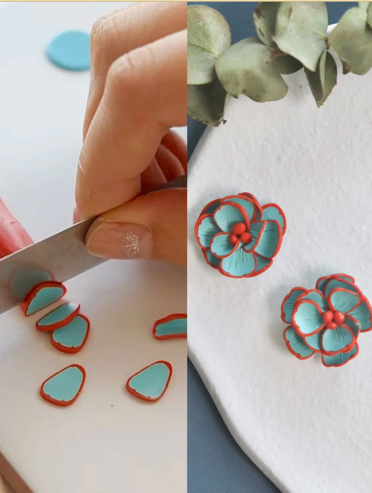 two pictures, one is being cut and the other has been decorated with blue flowers