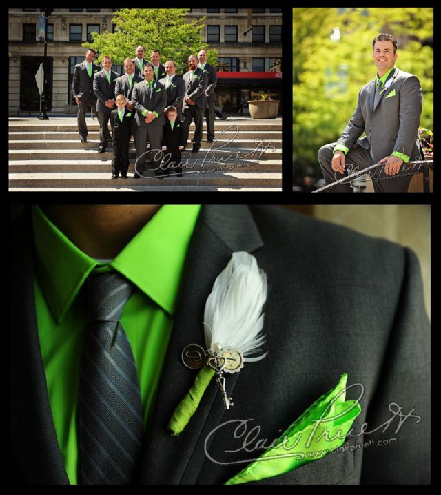 a man in a suit and tie with green feathers on his lapel, and photos of the groomsmen