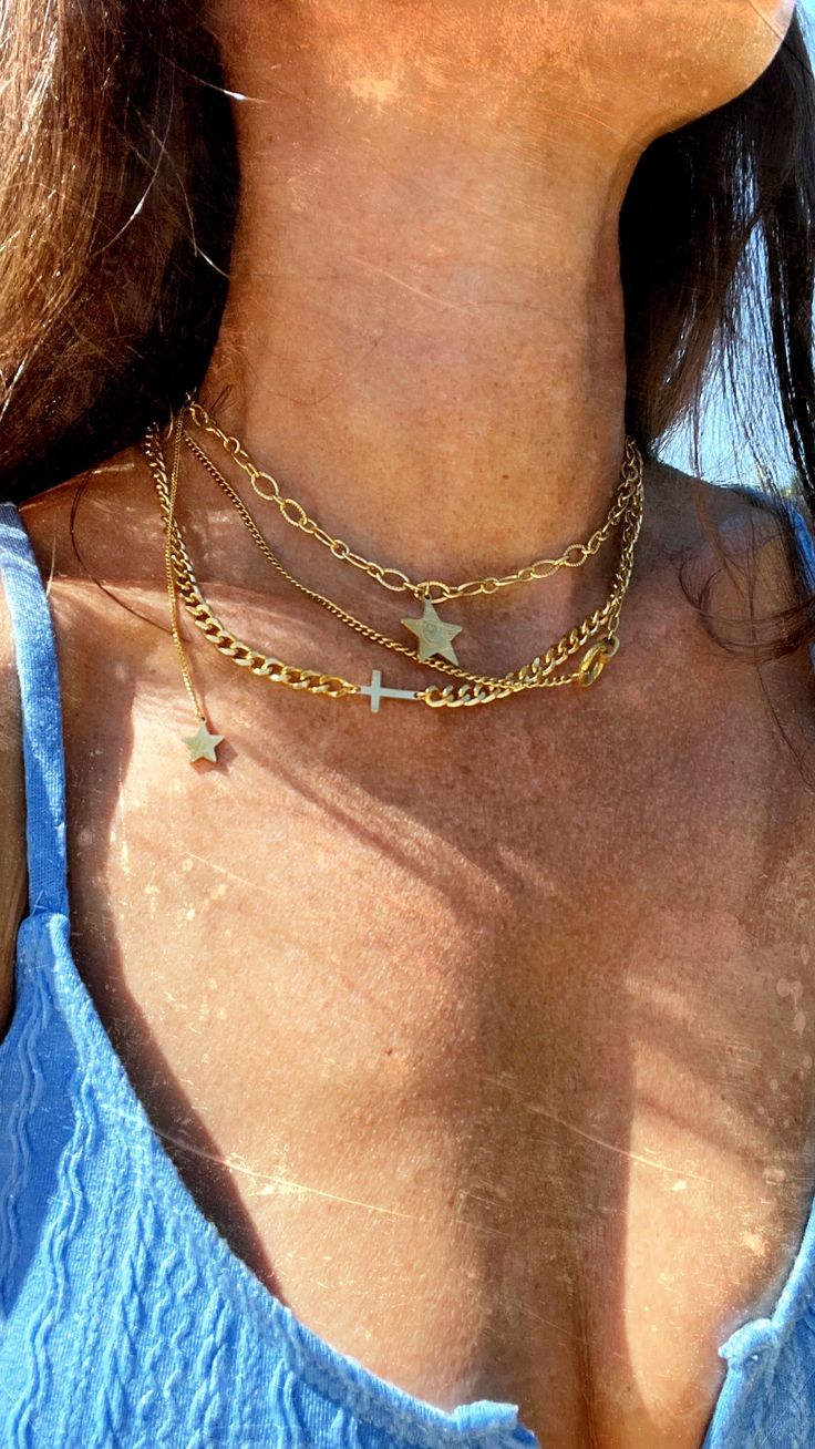 Trendy 18k gold plated stainless steel necklaces are an effortless way to style up any outfit. Gold has a strong foothold in the modern boho world. Our gold chains have a nice weight to them with smooth finishes to give you the luxurious feeling of fancy metals. Wear them to your yoga practice, to the beach or to a nice dinner. Stainless steel is rust free, water proof, won’t oxidize on your skin and is safe for most all skin types. 18k gold plated high quality stainless steel inner chain is 14" Trendy Gold-tone Clavicle Chain Necklace, Gold-tone Trendy Clavicle Chain Necklace, Chic Gold Chain Necklace Tarnish Resistant, Trendy Gold-tone Adjustable Chain Necklace, Trendy Gold Clavicle Chain Necklace, Trendy Gold Necklace With Adjustable Chain, Yellow Gold Chunky Chain Jewelry In Stainless Steel, Trendy Gold Chain Necklace With Adjustable Chain, Minimalist Chunky Chain Stainless Steel Necklace