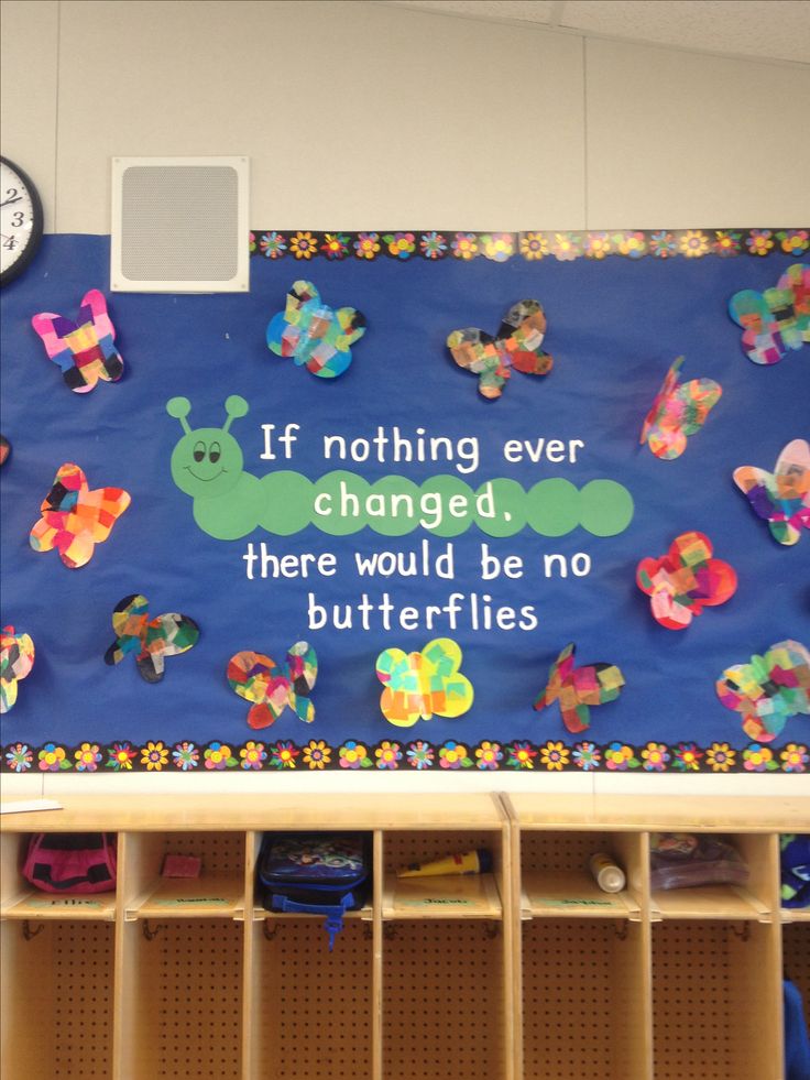 a bulletin board with butterflies and words on it